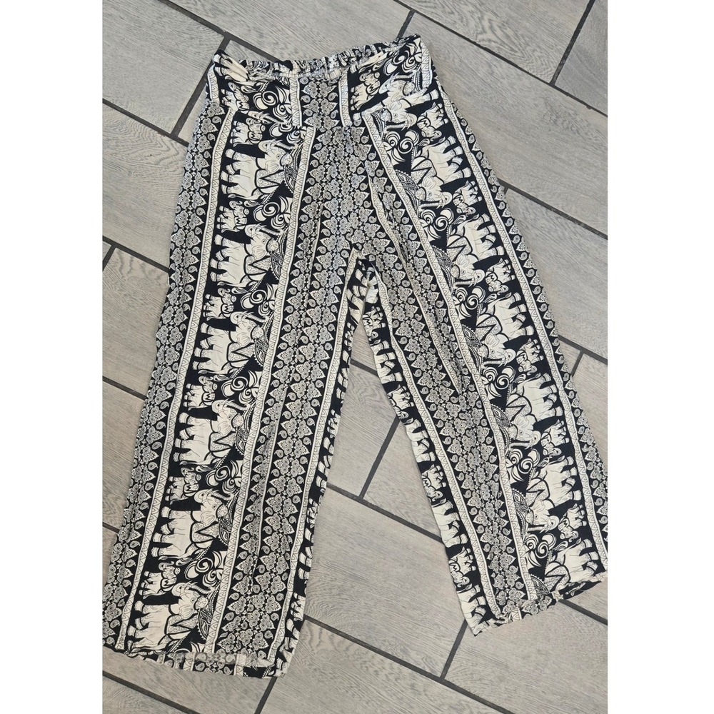 Kathmandu Imports Elephant Print Rayon Harem Pants Black White Smocked Waist OS
